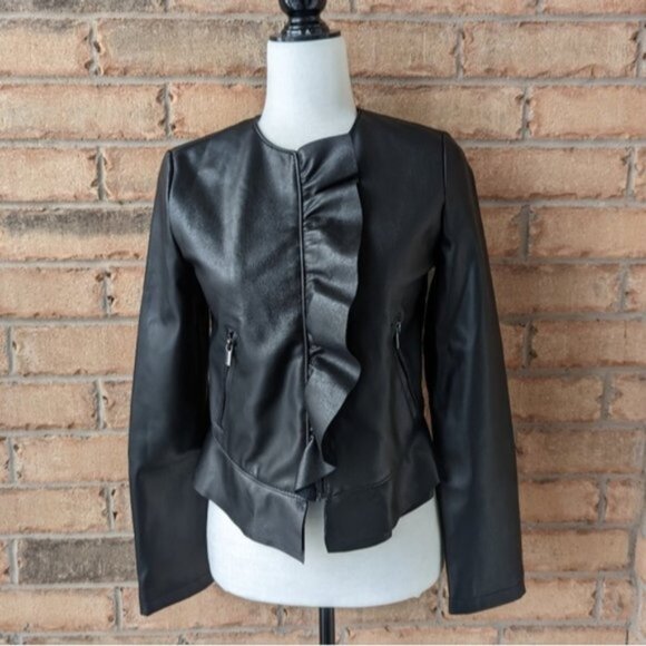 Zara black ruffle faux leather moto jacket - Picture 1 of 5